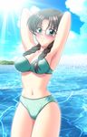  1girl artist_request belly_button bikini blush braid breasts brown_hair game_cg glasses green_eyes looking_at_viewer navel ocean outdoors pose posing sea sky solo standing swimsuit twin_braids water 