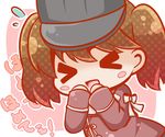  &gt;_&lt; :d bloom2425 blush_stickers brown_hair chibi closed_eyes flying_sweatdrops japanese_clothes kantai_collection kariginu open_mouth ryuujou_(kantai_collection) smile solo translated twintails visor_cap 