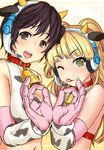  animal_ears animal_print bell bell_collar blonde_hair blush brown_eyes collar cosplay cow_bell cow_ears cow_horns cow_print green_eyes headset horns idolmaster idolmaster_cinderella_girls jougasaki_rika long_hair looking_at_viewer matching_outfit multiple_girls oikawa_shizuku oikawa_shizuku_(cosplay) one_eye_closed short_hair smile suzuya_wataru tongue tongue_out 