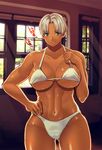 arisen_(dragon's_dogma) bad_proportions blue_eyes blush bra breasts cameltoe cleavage dark_skin dragon's_dogma earrings grey_hair hand_on_hip jewelry large_breasts lips nanakichi navel panties parted_lips short_hair solo standing strap_gap stud_earrings sweat thighs toned underboob undersized_clothes underwear underwear_only white_bra white_panties 
