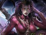  banned_artist breasts brown_hair glowing glowing_eyes grey_skin medium_breasts parted_lips sakimichan sarah_kerrigan solo starcraft upper_body watermark web_address yellow_eyes 