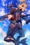  blonde_hair cloud day garchomp gen_4_pokemon hair_ornament hair_over_one_eye long_hair pokemon pokemon_(creature) shirona_(pokemon) sky skyloop19 