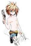  1boy bad_id blush child chung chung_seiker elsword jubian male male_focus navel nipples pants pistol simple_background solo topless walking weapon white_background 