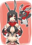  alph_lyla animal_ears black_hair breasts bunny_ears choker cleavage detached_sleeves eyepatch facial_tattoo flower_eyepatch ganesagi hands_on_hips huge_breasts long_hair midriff navel phantasy_star phantasy_star_online_2 rappy red_eyes red_scarf scarf star tattoo twintails upper_body 