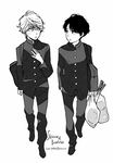 aldnoah.zero artist_name bag character_name commentary_request dated full_body gakuran greyscale highres kaizuka_inaho looking_at_another male_focus monochrome multiple_boys plastic_bag school_bag school_uniform shimura_takako simple_background slaine_troyard spring_onion white_background 