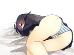  anko_(kirikiri) ass black_hair blue_eyes highres kill_la_kill lying matoi_ryuuko on_side panties pantyshot pantyshot_(lying) pleated_skirt school_uniform serafuku short_hair skirt solo striped striped_panties symbol-shaped_pupils underwear upskirt 