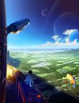 absurdres aircraft akio-bako blimp blue_sky city cloud day directional_arrow dirigible field from_behind highres horizon landscape long_sleeves original planet planetary_ring railing scenery shirt sitting skirt sky solo star star_(sky) twintails white_shirt 