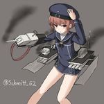  bangs bare_legs blue_dress blunt_bangs brown_background brown_eyes brown_hair dress hand_on_headwear hat kantai_collection looking_at_viewer machinery md5_mismatch neckerchief rabochicken sailor_collar sailor_dress sailor_hat short_hair simple_background smoke solo twitter_username z3_max_schultz_(kantai_collection) 