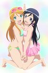  :d aragaki_ayase barefoot bikini bikini_skirt black_hair blue_eyes blush breast_press breasts eyewear_on_head fang hands_together highres holding_hands interlocked_fingers kneeling kousaka_kirino long_hair long_legs looking_at_viewer multiple_girls navel open_mouth ore_no_imouto_ga_konna_ni_kawaii_wake_ga_nai side-tie_bikini smile smile_(rz) sunglasses swimsuit symmetrical_docking 