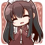  :d akagi_(kantai_collection) alternate_costume apron black_hair bloom2425 blush_stickers chibi closed_eyes enmaided hands_together kantai_collection long_hair maid maid_headdress open_mouth smile solo 