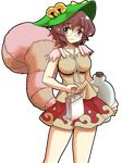  bell breasts brown_eyes brown_hair futatsuiwa_mamizou glasses gourd hat highres impossible_clothes impossible_shirt mono_(moiky) notepad raccoon_tail shirt smile tail touhou transparent_background 
