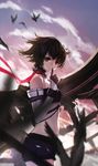  bad_id bad_pixiv_id bird black_hair blurry depth_of_field elbow_gloves gloves highres looking_at_viewer original paradise red_eyes short_hair sketch smile solo swd3e2 wind 