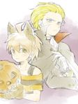  2boys animal_ears blonde_hair blue_eyes brown_hair cape cravat danganronpa danganronpa_1 extra_ears gloves green_eyes halloween jack-o'-lantern looking_at_viewer male_focus monocle multiple_boys naegi_makoto off_shoulder paw_gloves paws shirt smile striped striped_shirt togami_byakuya vampire_costume wolf_ears 