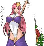  1girl arm_behind_back arm_up armpits blue_eyes breasts covered_navel covered_nipples crossover dragon_quest gloves gundam gundam_seed gundam_seed_destiny hair_ornament highleg highleg_leotard highres huge_breasts imminent_rape impossible_clothes leotard long_hair meer_campbell nameo_(judgemasterkou) peeking_out pink_hair plant_monster purple_leotard rose_butler solo_focus star star_hair_ornament tentacles waving white_leotard 