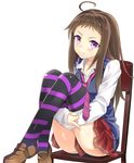  ahoge ashu brown_hair chair idolmaster idolmaster_cinderella_girls knees_up koseki_reina leg_hug loafers long_hair long_sleeves necktie pleated_skirt purple_eyes school_uniform shirt shoes sitting skirt solo striped striped_legwear thighhighs vest zettai_ryouiki 