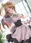 ;d apron artist_name blush brown_hair dated gloves hair_ribbon highres long_hair looking_at_viewer love_live! love_live!_school_idol_project maid minami_kotori muto one_eye_closed one_side_up open_mouth ribbon signature smile solo tray waitress white_gloves yellow_eyes 