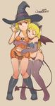  bat_wings black_footwear blonde_hair boots collar elbow_gloves fake_horns gloves hairband halloween halloween_costume hat highleg highleg_panties highres hug jack-o'-lantern knee_boots long_hair mini_wings multiple_girls norasuko original panties purple_gloves purple_legwear red_eyes short_hair thighhighs underwear waist_hug waving wings witch_hat 