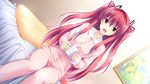  1girl absurdres bed blush brown_eyes cup game_cg hair_ribbon kimishima_ao legs long_hair mitsu_king open_mouth otome_ga_kanaderu_koi_no_aria pajamas picture_(object) pillow red_hair ribbon sitting solo thighs twintails zinno 