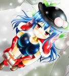  alternate_breast_size bell blue_hair blush boots box breasts capelet cleavage earmuffs elbow_gloves food fruit gift gift_box gloves hat hinanawi_tenshi honda_takaharu huge_breasts jingle_bell long_hair peach red_eyes red_legwear santa_costume school_swimsuit snow snowing solo swimsuit thighhighs touhou 