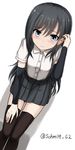  arm_warmers asashio_(kantai_collection) black_hair black_legwear blue_eyes blush collared_shirt from_above grey_skirt hand_on_thigh highres kantai_collection long_hair looking_at_viewer looking_up md5_mismatch pleated_skirt rabochicken school_uniform shirt simple_background sitting skirt smile solo suspenders thighhighs twitter_username white_background 
