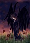  autumn_leaves black_coat black_hair black_wings coat feathered_wings flower from_side grass haruka_(tactics) leaf male_focus maple_leaf outdoors profile sky solo spider_lily standing tactics twilight wings 
