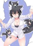  &gt;_&lt; animal_ears bared_teeth black_hair black_panties blush breasts cleavage closed_eyes fourth_wall fox_ears fox_tail ganesagi highres large_breasts minigirl multiple_girls nanashi_(ganesagi) original panties shirt short_hair tail tearing_paper unbuttoned underwear yellow_eyes 