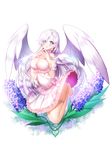  aile_(crossroads) bare_legs bare_shoulders barefoot blue_eyes blush breasts cleavage dress earrings elizabeth_liones full_body hair_over_one_eye highres jewelry long_hair looking_at_viewer medium_breasts nanatsu_no_taizai silver_hair solo transparent_background very_long_hair white_dress wings 