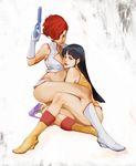  black_hair blue_eyes boots dirty_pair gun handgun highres ikeda_masateru kei_(dirty_pair) legs lips long_hair multiple_girls pistol realistic red_eyes red_hair science_fiction short_hair smile thighs weapon white_footwear yellow_footwear yuri yuri_(dirty_pair) 