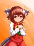  animal_ears blush brown_eyes brown_hair cat_ears cat_tail chen hands_on_own_chest hands_together hat hat_removed headwear_removed highres horokusa_(korai) looking_at_viewer multiple_tails nekomata short_hair solo tail tears touhou 