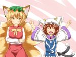  ^_^ animal_ears arms_up blonde_hair brown_hair cat_tail chen clenched_hands closed_eyes cosplay costume_switch crossed_arms fox_ears fox_tail highres horokusa_(korai) looking_at_viewer multiple_girls multiple_tails nekomata open_mouth short_hair smile tail touhou yakumo_ran yellow_eyes 