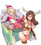 animal_costume antlers bell bikini blonde_hair blue_eyes blush blush_stickers breasts brown_eyes brown_gloves brown_hair christmas cleavage collar elbow_gloves fang flat_chest glasses gloves hair_ornament hat large_breasts long_hair megane_chuu multiple_girls navel open_mouth original pink_gloves reindeer_costume reins sack santa_costume santa_hat sleigh star star_hair_ornament swimsuit thighhighs twintails 