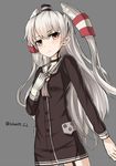  amatsukaze_(kantai_collection) blush brown_dress brown_eyes cowboy_shot dress gloves grey_background grey_neckwear hair_tubes hand_on_own_chest headgear kantai_collection long_hair looking_at_viewer neckerchief rabochicken sailor_collar sailor_dress silver_hair simple_background single_glove solo twitter_username two_side_up white_gloves 