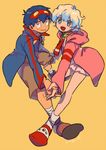  1boy 1girl blue_hair goggles goggles_on_head holding_hands hood hoodie multicolored_hair nia_teppelin short_hair simon skirt skyloop19 smile tengen_toppa_gurren_lagann two-tone_hair 