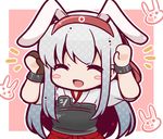 :d animal_ears bloom2425 blush_stickers bunny bunny_ears bunny_pose chibi closed_eyes gloves hairband kantai_collection kemonomimi_mode long_hair muneate open_mouth partly_fingerless_gloves shoukaku_(kantai_collection) smile solo white_hair yugake 