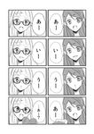  4koma :o aikatsu! aikatsu!_(series) comic expressions glasses greyscale heart highres looking_at_viewer monochrome multiple_girls open_mouth parted_lips semi-rimless_eyewear shibuki_ran simple_background speech_bubble talking toudou_yurika translation_request under-rim_eyewear white_background yuri 