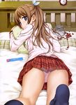  absurdres ass bed blue_eyes brown_hair daitoshokan_no_hitsujikai hair_ribbon highres long_hair looking_at_viewer lying navy_blue_legwear no_shoes official_art on_stomach panties pantyshot pink_panties plaid plaid_skirt pleated_skirt ribbon school_uniform shirasaki_tsugumi skirt smile solo takayaki underwear 