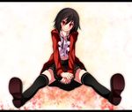 adapted_costume bad_id bad_pixiv_id between_legs black_hair black_legwear blouse collarbone hair_between_eyes hand_between_legs highres hood hooded_track_jacket jacket looking_at_viewer no_hat no_headwear red_eyes s-syogo shameimaru_aya short_hair sitting slit_pupils smile solo spread_legs thighhighs touhou track_jacket unbuttoned white_blouse 