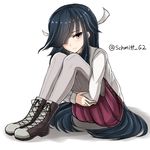  ankle_boots black_hair boots brown_eyes cross-laced_footwear full_body grey_legwear hair_over_one_eye hair_ribbon hayashimo_(kantai_collection) kantai_collection knees_up lace-up_boots leg_hug long_hair looking_at_viewer pantyhose pleated_skirt purple_skirt rabochicken ribbon school_uniform simple_background sitting skirt smile solo twitter_username white_background 