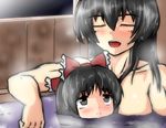  :&lt; bathing black_hair bow bush closed_eyes commentary_request hair_bow hakurei_reimu happy long_hair mother_and_daughter multiple_girls og_(adlyreimu) onsen partially_submerged sendai_hakurei_no_miko smile toned touhou wet wet_hair younger 