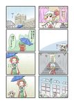  &gt;:) blonde_hair blush blush_stickers brick_wall comic flandre_scarlet flower gate hat hat_ribbon highres hong_meiling indoors multiple_girls outdoors plant rain red_hair ribbon short_hair short_sleeves smile stuffed_animal stuffed_toy suo_(suoscoffee) touhou translated umbrella v-shaped_eyebrows window wings 
