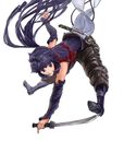  akatsuki_(log_horizon) baggy_pants boots detached_sleeves jariten jumping log_horizon long_hair pants ponytail purple_eyes purple_footwear purple_hair reverse_grip scabbard sheath short_sword solo sword very_long_hair weapon 