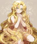 absurdly_long_hair blonde_hair blue_eyes cross expressionless flipped_hair full_body grey_background hair_between_eyes hair_censor hair_over_breasts hands_clasped jitome long_hair looking_away nude own_hands_together praying rosary scp-166 scp_foundation seiza sitting solo swan_(doesu) very_long_hair 