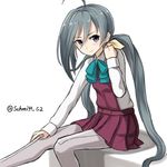  1girl ahoge asymmetrical_bangs bangs bow bowtie fist_pump grey_eyes grey_hair grey_legwear hand_on_knee hand_on_own_knee kantai_collection kiyoshimo_(kantai_collection) long_hair long_sleeves looking_at_viewer low_twintails pantyhose pleated_skirt rabochicken school_uniform simple_background sitting skirt smile solo twintails twitter_username very_long_hair white_background 