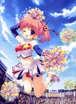  ;d absurdres bow cheerleader copyright_request hair_bow hair_ribbon highres jumping looking_at_viewer midriff navel one_eye_closed open_mouth pink_hair pleated_skirt ponytail purple_eyes ribbon santa_matsuri short_hair skirt smile solo 