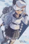  adjusting_hair black_legwear blue_eyes dated hammer_and_sickle hat hibiki_(kantai_collection) kantai_collection long_hair machinery school_uniform serafuku silver_hair skirt solo standing star thighhighs toro_(konirio) twitter_username verniy_(kantai_collection) very_long_hair zettai_ryouiki 