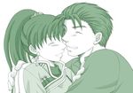  1boy 1girl dress earring earrings eyes_closed fire_emblem fire_emblem:_rekka_no_ken happy hector hector_(fire_emblem) jewelry lyndis_(fire_emblem) monochrome ponytail shirt smile 