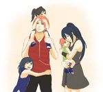  2boys 3girls arm_warmers bare_shoulders black_dress black_hair blue_shirt blue_shoes collarbone dress eyes_closed facial_mark flat_chest forehead_mark genderswap green_eyes haruno_sakura hug light_smile long_hair looking_at_another multiple_boys multiple_girls naruto open_mouth orange_hair ponytail red_shirt shirt shoes short_hair shorts shoulder_carry simple_background sitting sleeveless sleeveless_shirt smile twintails uchiha_sasuke white_background zipper 
