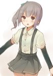  arm_warmers blush bow brown_eyes dress_shirt gradient gradient_background grey_hair grey_skirt hair_bow kantai_collection kasumi_(kantai_collection) long_hair looking_away open_mouth otoharu pleated_skirt shirt short_sleeves side_ponytail skirt solo suspenders 
