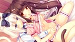  animal_ears black_hair blue_eyes blush bow bow_panties breasts brown_eyes cat_ears cat_tail chocola_(sayori) hair_ornament hair_ribbon hand_in_panties long_hair looking_at_viewer medium_breasts multiple_girls nekopara nipple_tweak nipples open_mouth panties pink_hair pussy_juice ribbon sayori shirt_lift sitting striped striped_panties tail twintails underwear vanilla_(sayori) very_long_hair yuri 