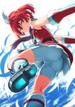  ass blush boots from_below highres isshiki_akane knee_boots looking_at_viewer magical_girl michairu palette_suit red_eyes red_hair scarf scrunchie short_hair short_shorts shorts smile solo twintails upskirt vividred_operation white_footwear white_shorts 